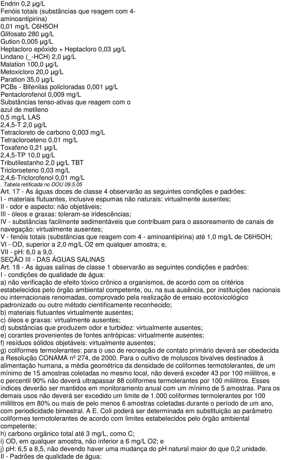 LAS 2,4,5-T 2,0 µg/l Tetracloreto de carbono 0,003 mg/l Tetracloroeteno 0,01 mg/l Toxafeno 0,21 µg/l 2,4,5-TP 10,0 µg/l Tributilestanho 2,0 µg/l TBT Tricloroeteno 0,03 mg/l 2,4,6-Triclorofenol 0,01