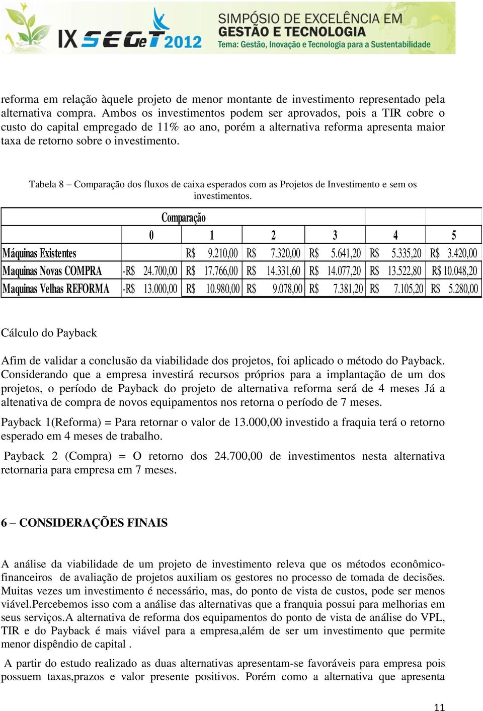 Tabela 8 Comparação dos fluxos de caixa esperados com as Projetos de Investimento e sem os investimentos. Comparação 0 1 2 3 4 5 Máquinas Existentes R$ 9.210,00 R$ 7.320,00 R$ 5.641,20 R$ 5.