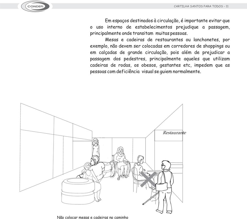 Mesas e cadeiras de restaurantes ou lanchonetes, por exemplo, não devem ser colocadas em corredores de shoppings ou em calçadas de grande circulação,