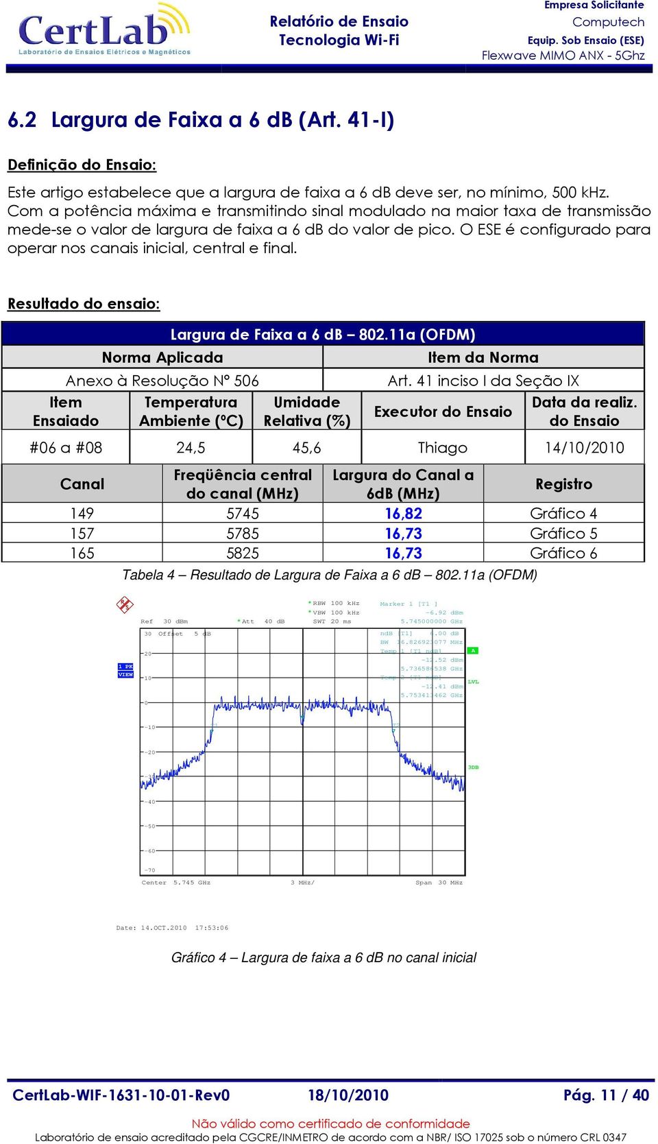 O ESE é configurado para operar nos canais inicial, central e final. Resultado do ensaio: Norma plicada nexo à Resolução Nº 56 Item Ensaiado Largura de Faixa a 6 db 82.