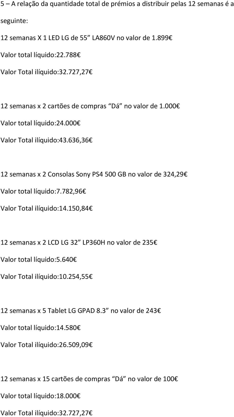 636,36 12 semanas x 2 Consolas Sony PS4 500 GB no valor de 324,29 Valor total líquido:7.782,96 Valor Total ilíquido:14.