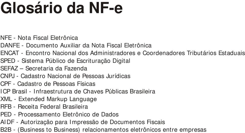 CPF - Cadastro de Pessoas Físicas ICP Brasil - Infraestrutura de Chaves Públicas Brasileira XML - Extended Markup Language RFB - Receita Federal Brasileira