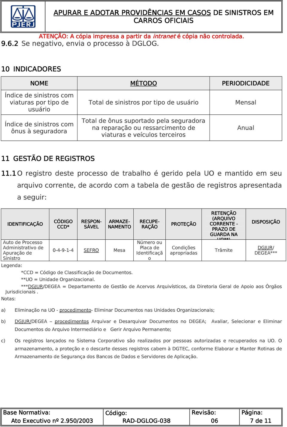 seguradora na reparação ou ressarcimento de viaturas e veículos terceiros PERIODICIDADE Mensal Anual 11 GESTÃO DE REGISTROS 11.