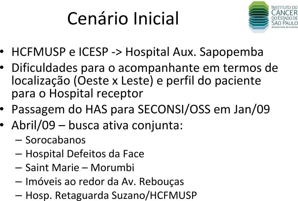 do paciente para o Hospital receptor Passagem do HAS para SECONSI/OSS em Jan/09 Abril/09
