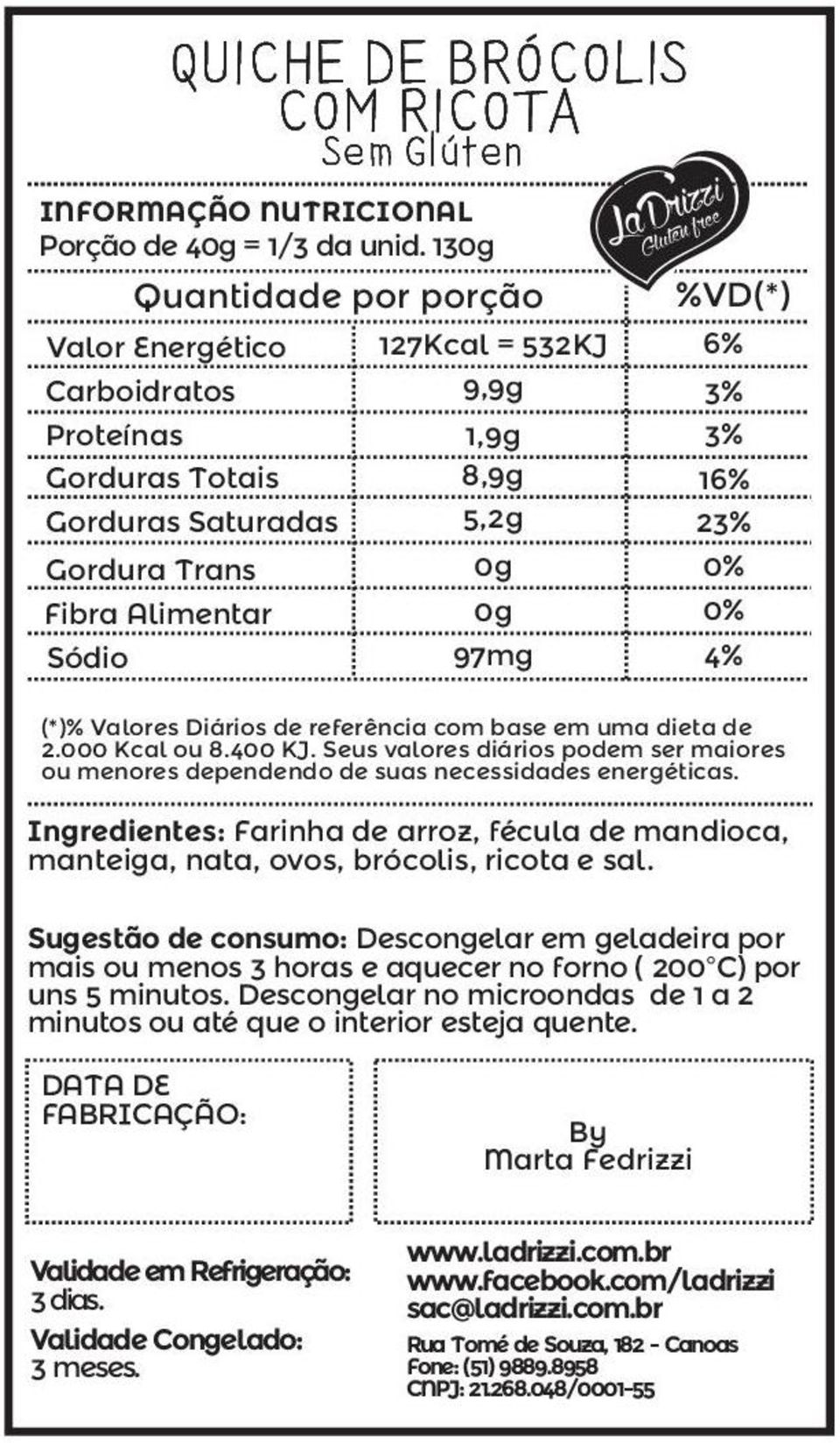 127Kcal = 532KJ 9,9g 1,9g 8,9g 5,2g