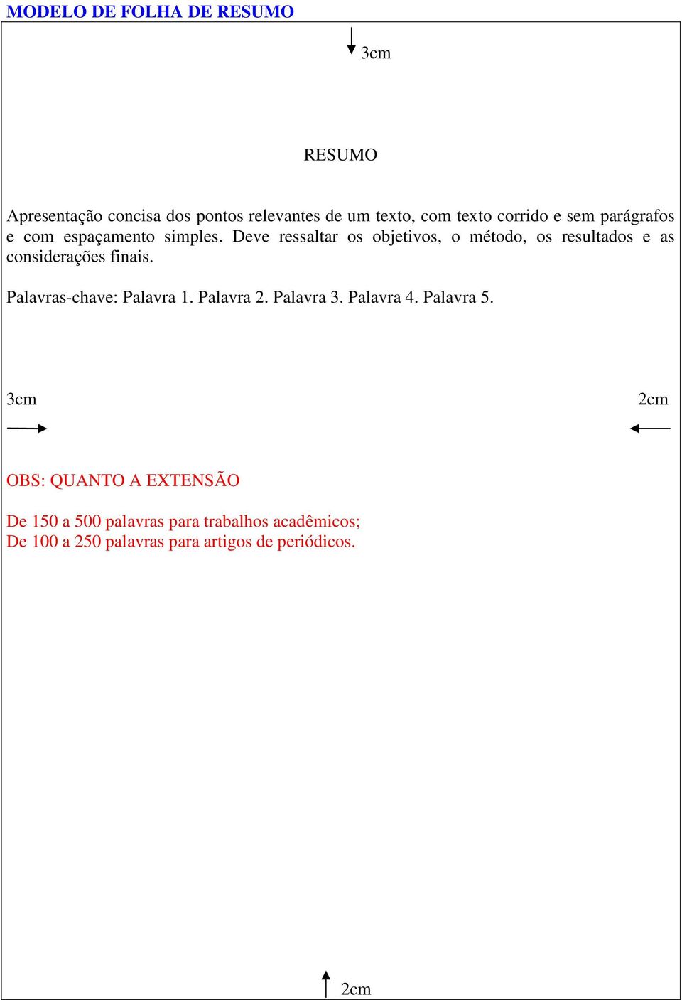 Deve ressaltar os objetivos, o método, os resultados e as considerações finais. Palavras-chave: Palavra 1.