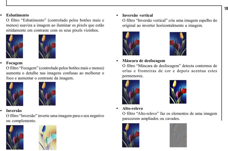 18 Focagem O filtro Focagem (controlado pelos botões mais e menos) aumenta o detalhe nas imagens confusas ao melhorar o foco e aumentar o contraste da imagem.