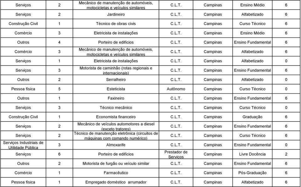 L.T. Campinas Alfabetizado 0 3 Motorista de caminhão (rotas regionais e internacionais) C.L.T. Campinas Ensino Fundamental 6 Outros 2 Serralheiro C.L.T. Campinas Alfabetizado 0 Pessoa física 5 Esteticista Autônomo Campinas Curso Técnico 0 Outros 1 Faxineiro C.