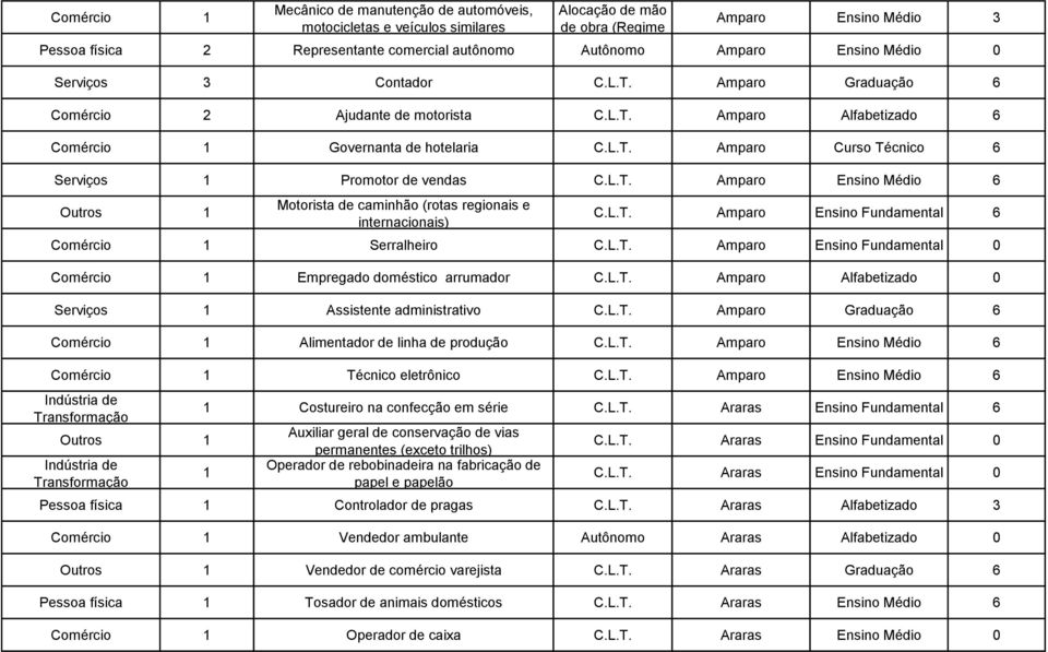 L.T. Amparo Ensino Médio 6 Outros 1 Motorista de caminhão (rotas regionais e internacionais) C.L.T. Amparo Ensino Fundamental 6 Comércio 1 Serralheiro C.L.T. Amparo Ensino Fundamental 0 Comércio 1 Empregado doméstico arrumador C.