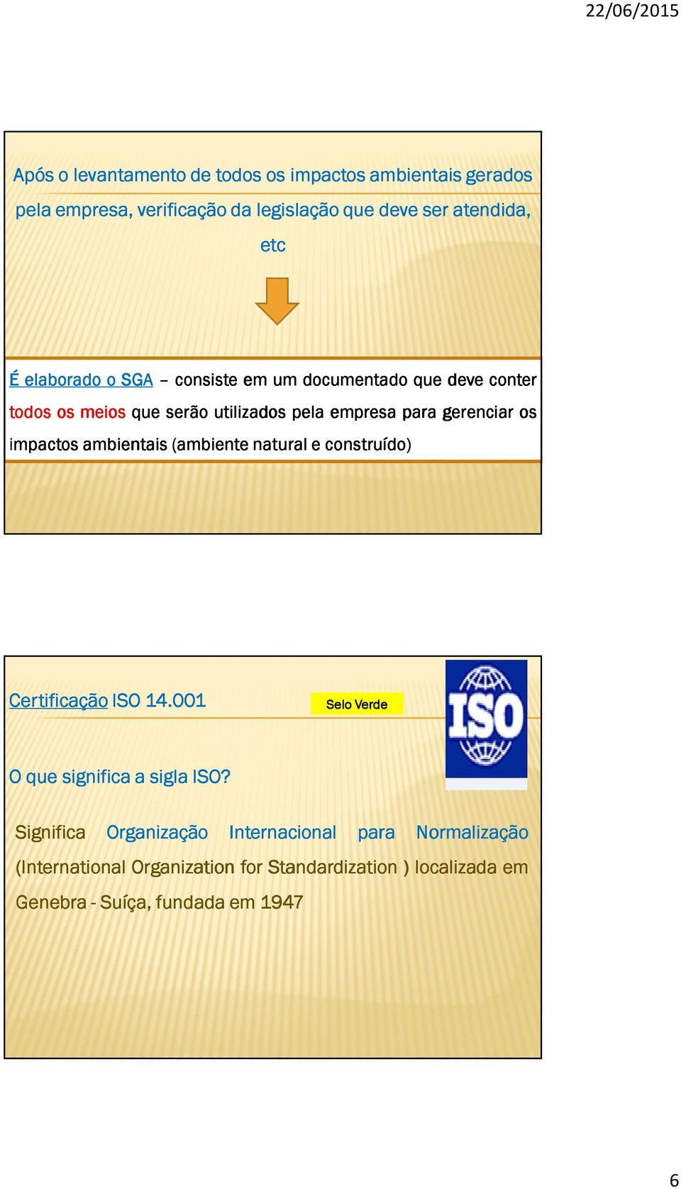 impactos ambientais (ambiente natural e construído) Certificação ISO 14.001 Selo Verde O que significa a sigla ISO?