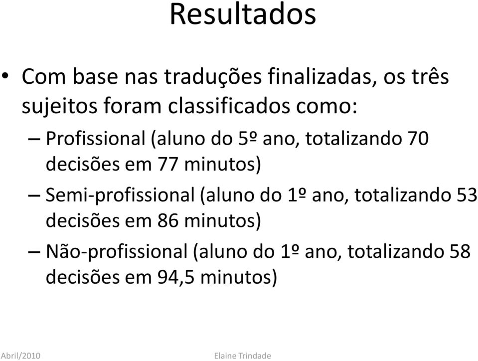 77 minutos) Semi-profissional (aluno do 1º ano, totalizando 53 decisões em 86