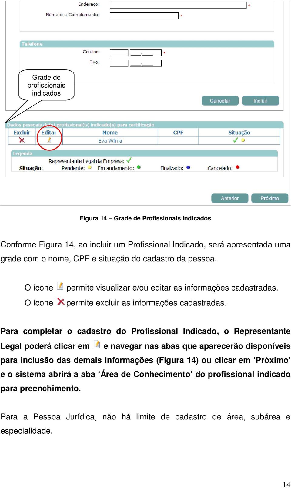 Para cmpletar cadastr d Prfissinal Indicad, Representante Legal pderá clicar em e navegar nas abas que aparecerã dispníveis para inclusã das demais infrmações