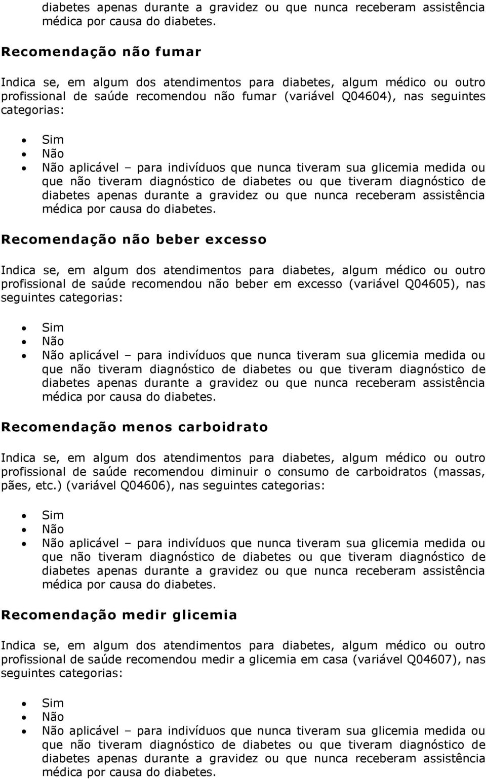 Recomendação menos carboidrato Indica se, em algum dos atendimentos para diabetes, algum médico ou outro profissional de saúde recomendou diminuir o consumo de carboidratos (massas, pães, etc.