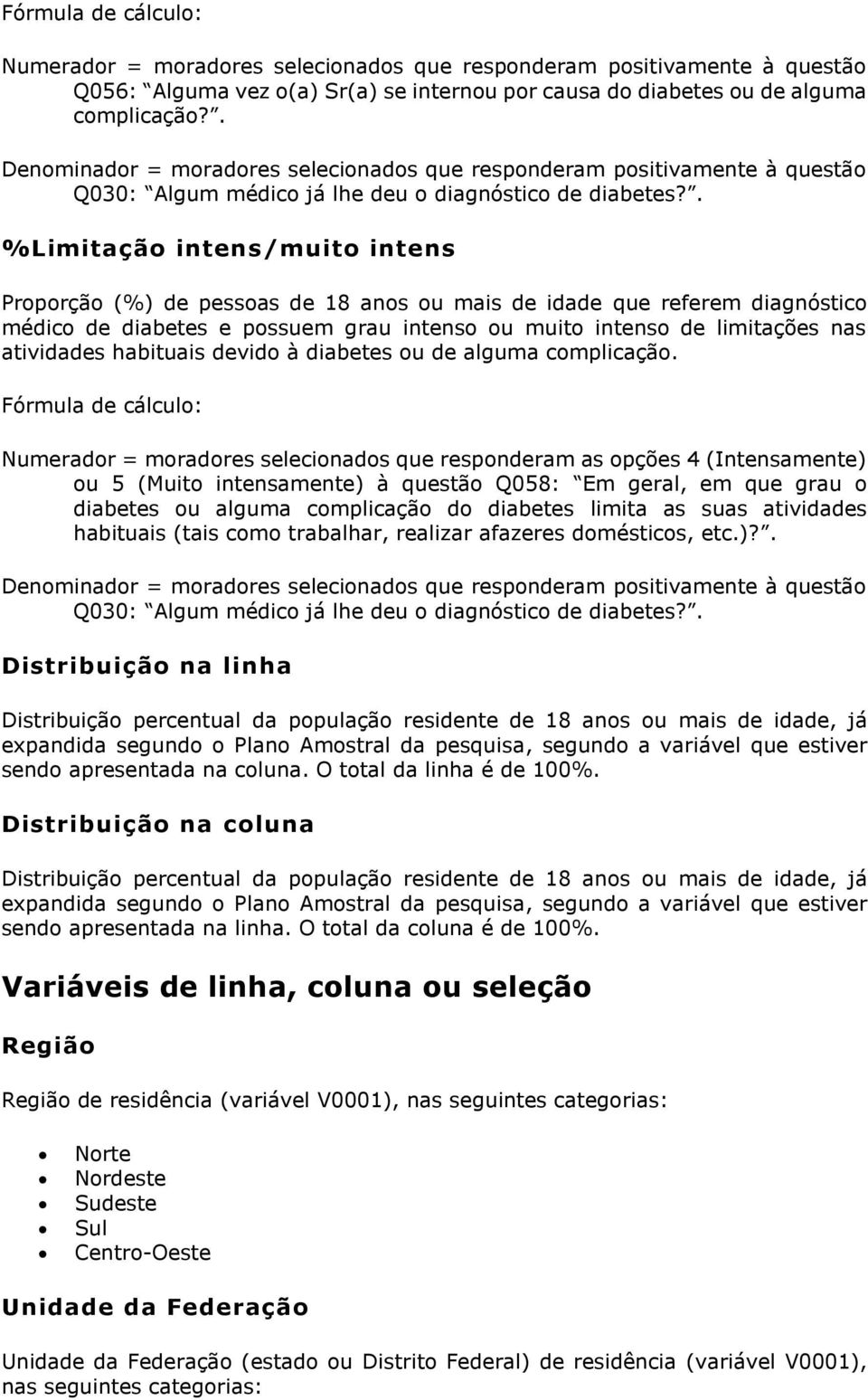 . %Limitação intens/muito intens Proporção (%) de pessoas de 18 anos ou mais de idade que referem diagnóstico médico de diabetes e possuem grau intenso ou muito intenso de limitações nas atividades