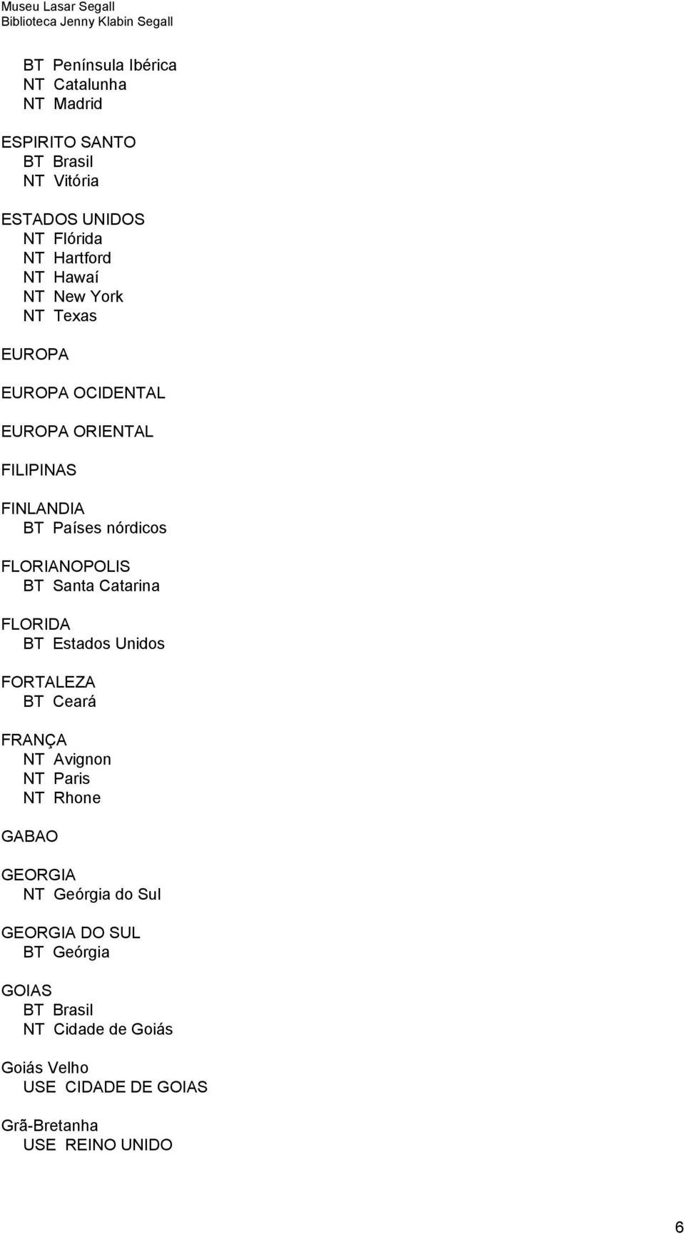 Santa Catarina FLORIDA BT Estados Unidos FORTALEZA BT Ceará FRANÇA NT Avignon NT Paris NT Rhone GABAO GEORGIA NT