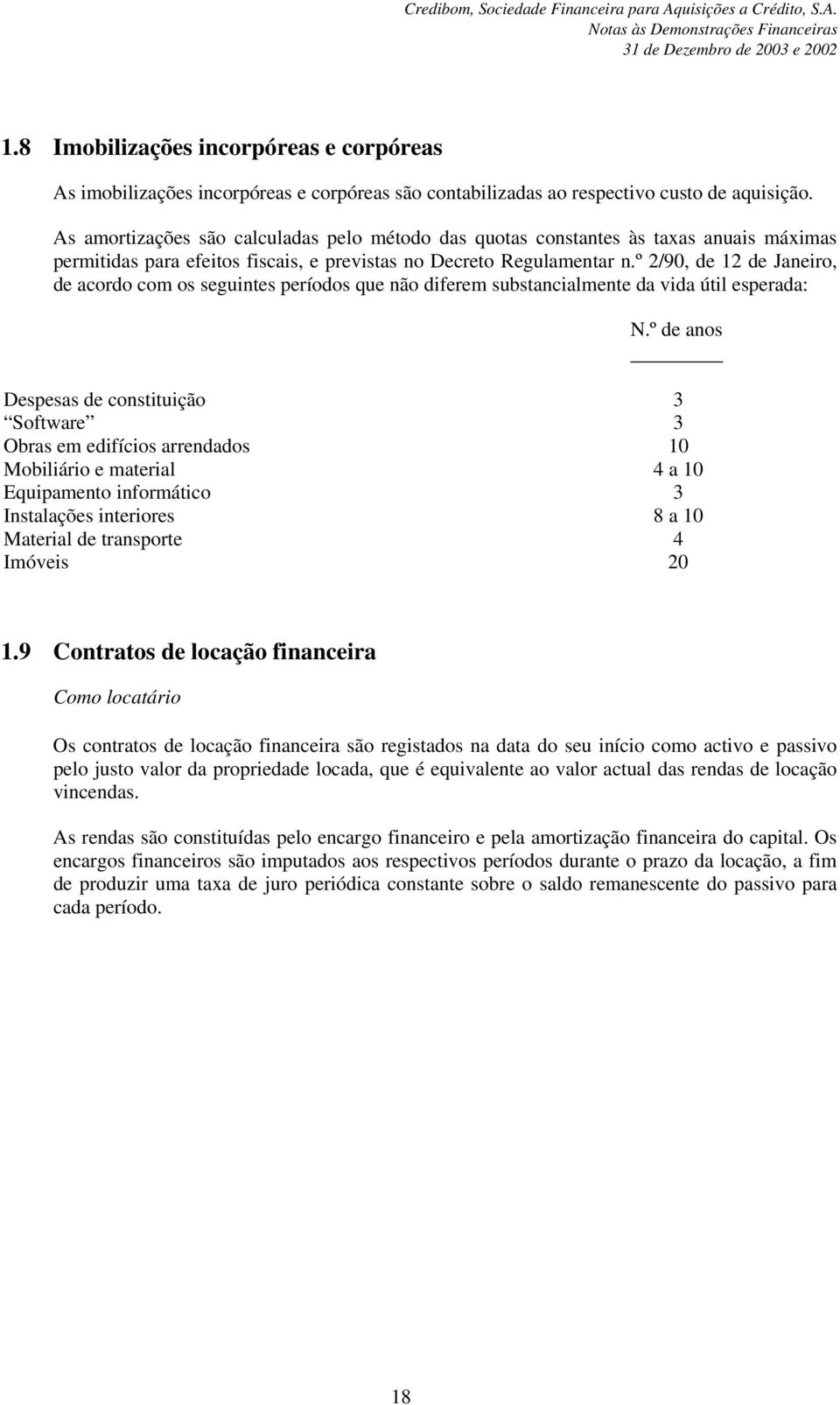 º 2/90, de 12 de Janeiro, de acordo com os seguintes períodos que não diferem substancialmente da vida útil esperada: N.