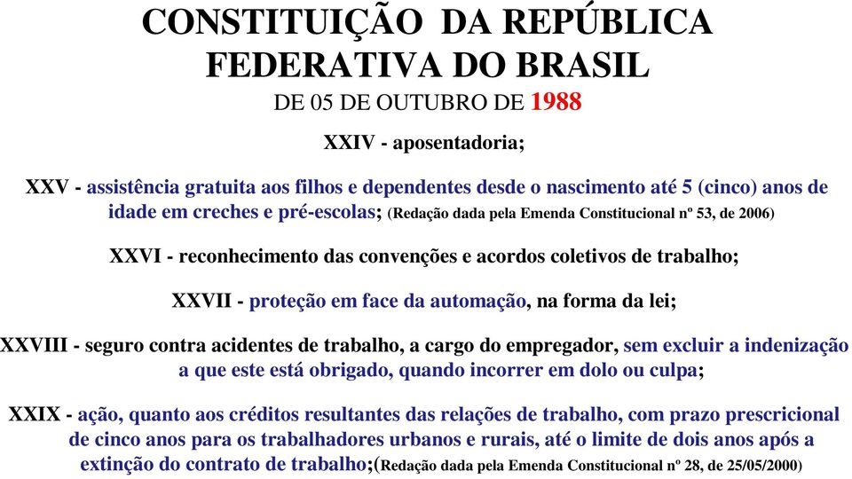 da lei; XXVIII - seguro contra acidentes de trabalho, a cargo do empregador, sem excluir a indenização a que este está obrigado, quando incorrer em dolo ou culpa; XXIX - ação, quanto aos créditos