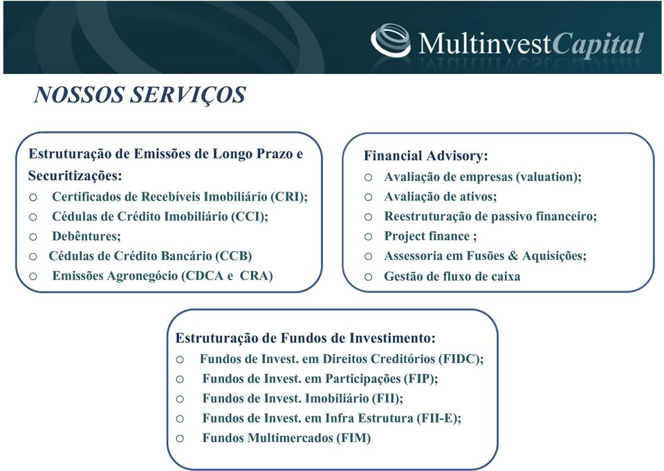 passivo financeiro; o Project finance; o Assessoria em Fusões & Aquisições; o Gestão de fluxo de caixa Estruturação de Fundos de Investimento: o o o o o Fundos de Invest.