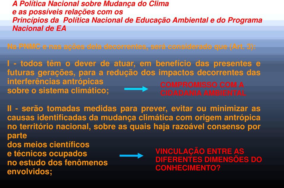 3): I - todos têm o dever de atuar, em benefício das presentes e futuras gerações, para a redução dos impactos decorrentes das interferências antrópicas sobre o sistema climático; COMPROMISSO