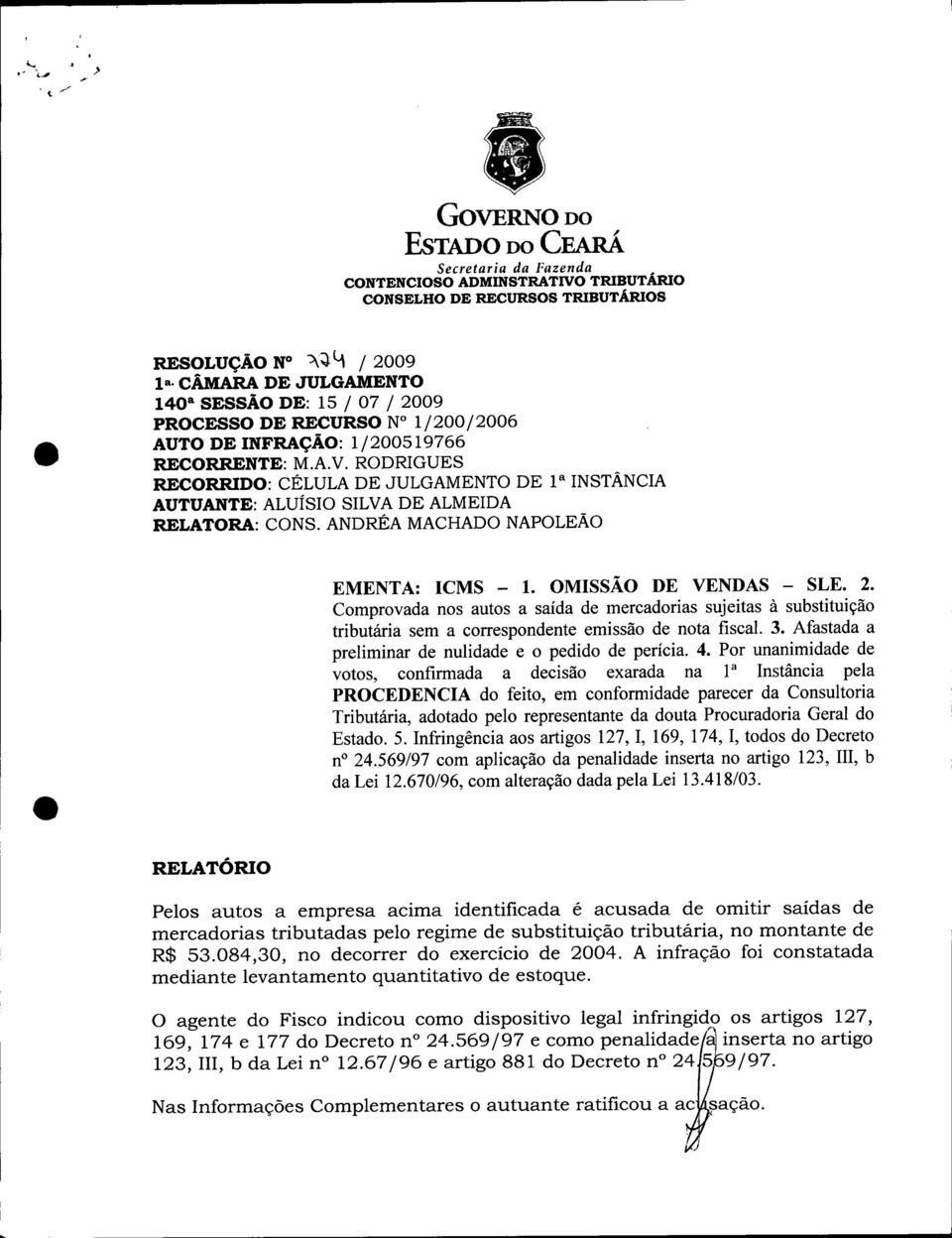 RODRIGUES RECORRIDO: CÉLULA DE JULGAMENTO DE la INSTÂNCIA AUTUANTE: ALUÍSIO SILVA DE ALMEIDA RELATORA: CONS. ANDRÉA MACHADO NAPOLEÃO EMENTA: ICMS - 1. OMISSÃO DE VENDAS - SLE. 2.