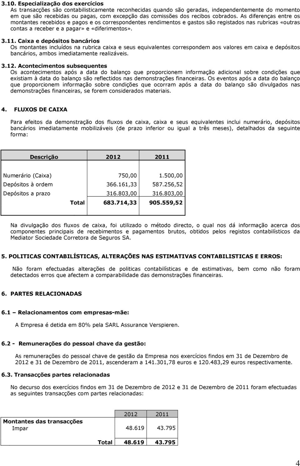 Caixa e depósitos bancários Os montantes incluídos na rubrica caixa e seus equivalentes correspondem aos valores em caixa e depósitos bancários, ambos imediatamente realizáveis. 3.12.