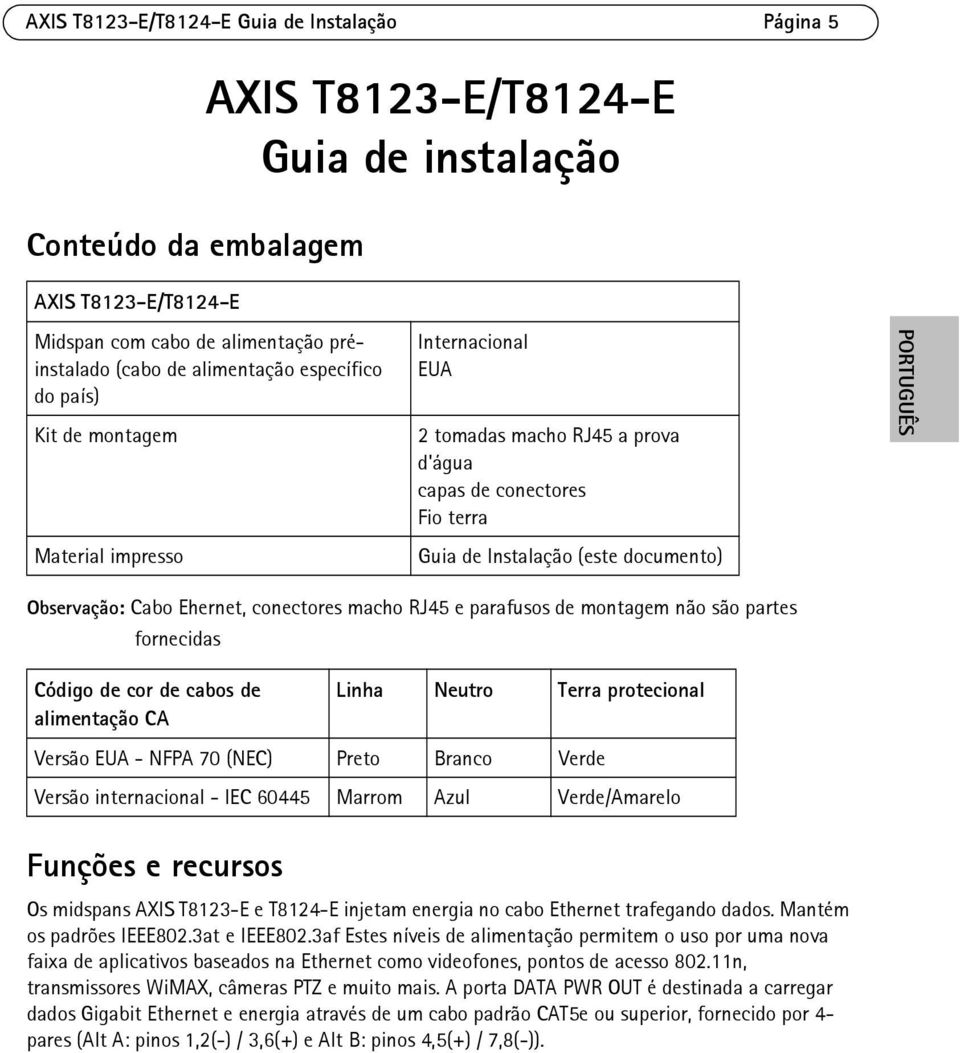 Cabo Ehernet, conectores macho RJ45 e parafusos de montagem não são partes fornecidas Código de cor de cabos de alimentação CA Linha Neutro Terra protecional Versão EUA - NFPA 70 (NEC) Preto Branco