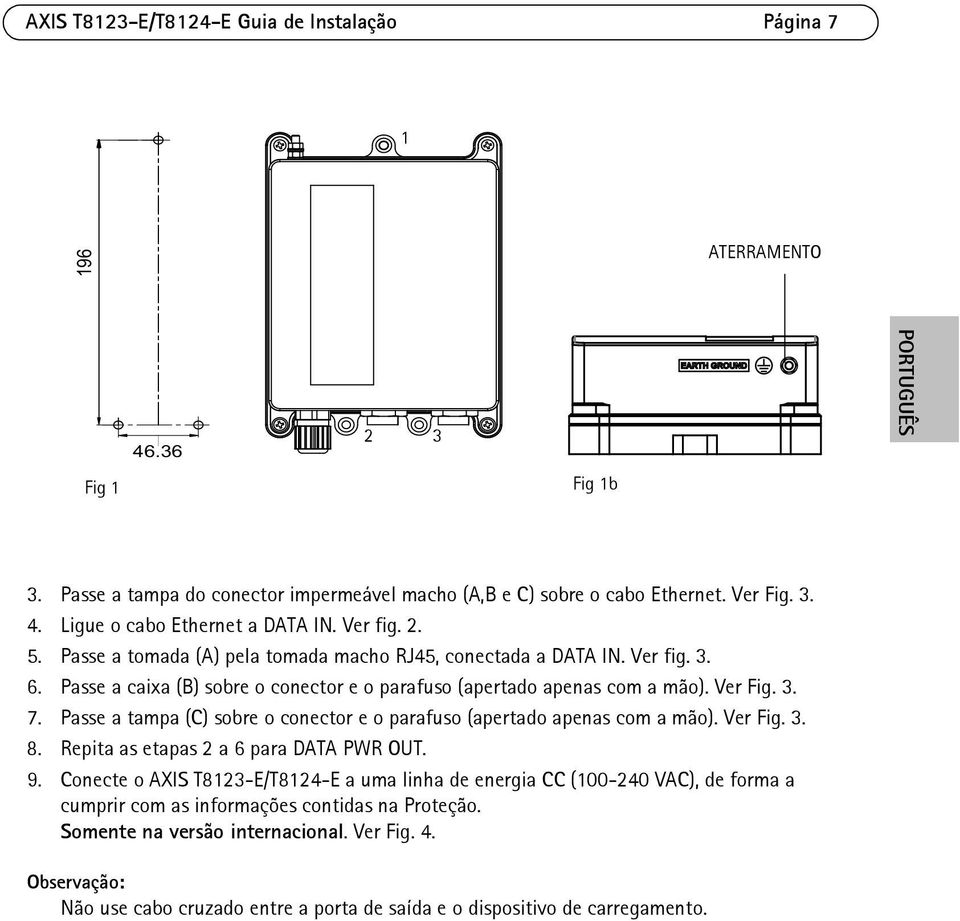 Passe a tampa (C) sobre o conector e o parafuso (apertado apenas com a mão). Ver Fig. 3. 8. Repita as etapas 2 a 6 para DATA PWR OUT. 9.