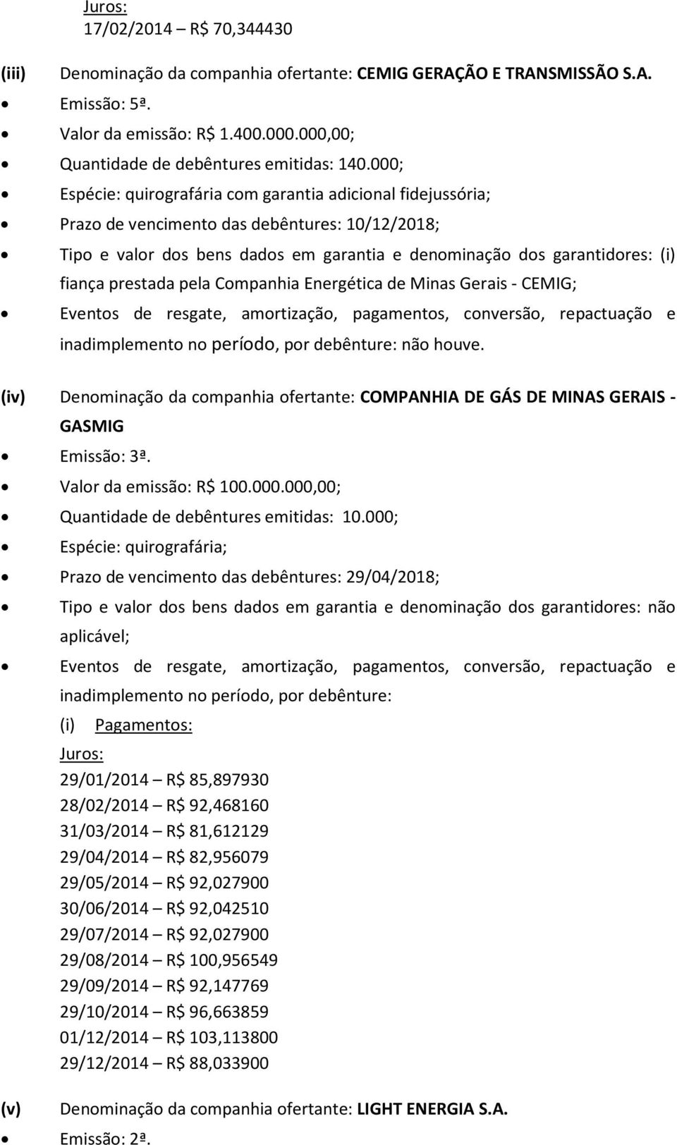 prestada pela Companhia Energética de Minas Gerais - CEMIG; não houve. (iv) Denominação da companhia ofertante: COMPANHIA DE GÁS DE MINAS GERAIS - GASMIG Emissão: 3ª. Valor da emissão: R$ 100.000.