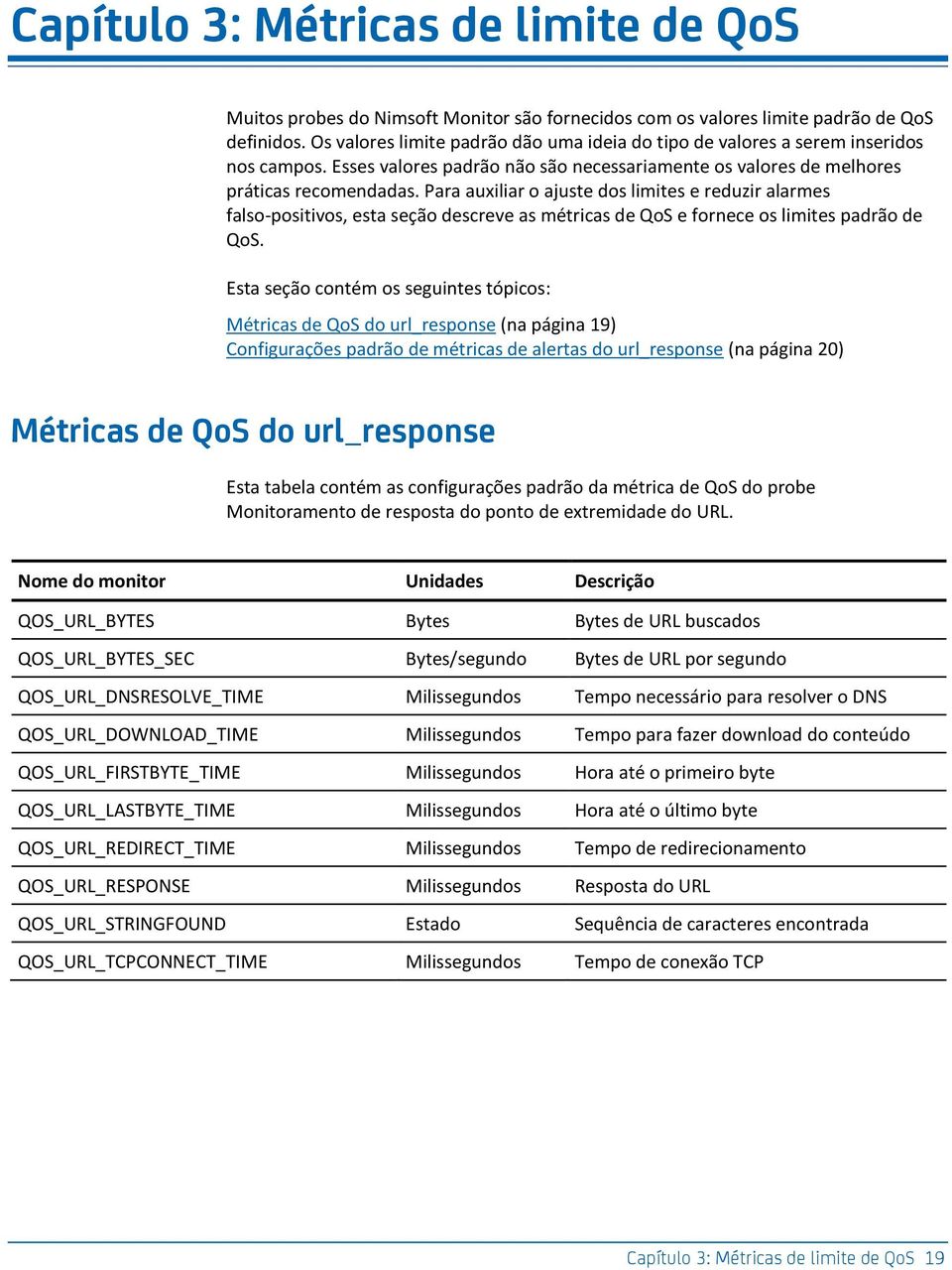 Para auxiliar o ajuste dos limites e reduzir alarmes falso-positivos, esta seção descreve as métricas de QoS e fornece os limites padrão de QoS.