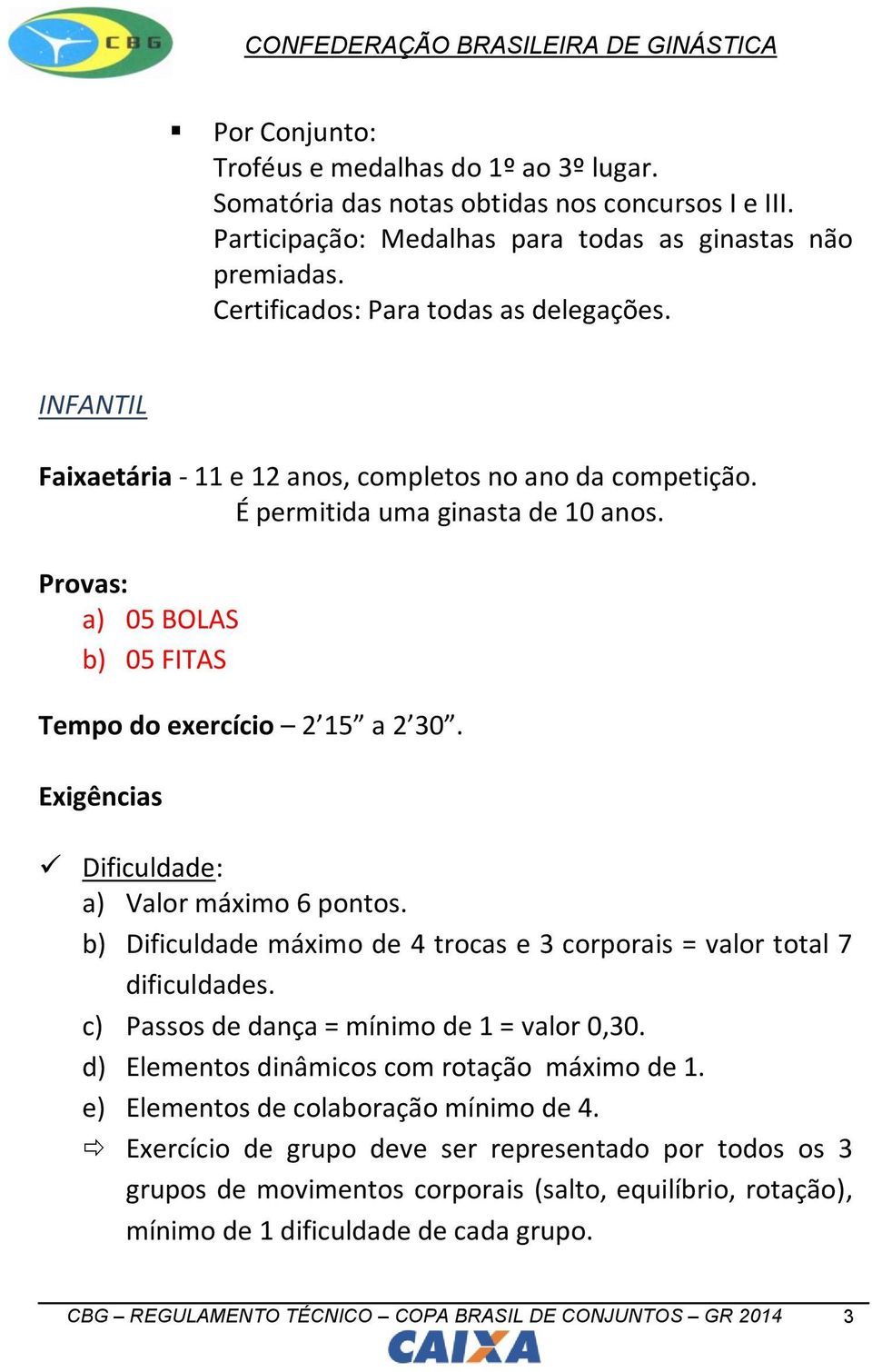 Exigências Dificuldade: a) Valor máximo 6 pontos. b) Dificuldade máximo de 4 trocas e 3 corporais = valor total 7 dificuldades. c) Passos de dança = mínimo de 1 = valor 0,30.