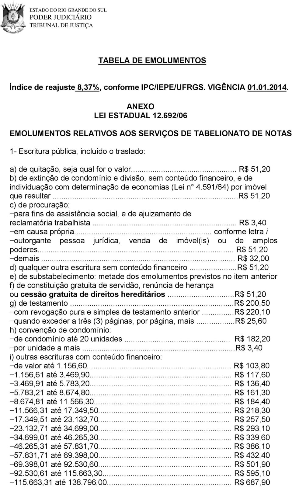 .. R$ 51,20 b) de extinção de condomínio e divisão, sem conteúdo financeiro, e de individuação com determinação de economias (Lei n 4.591/64) por imóvel que resultar.