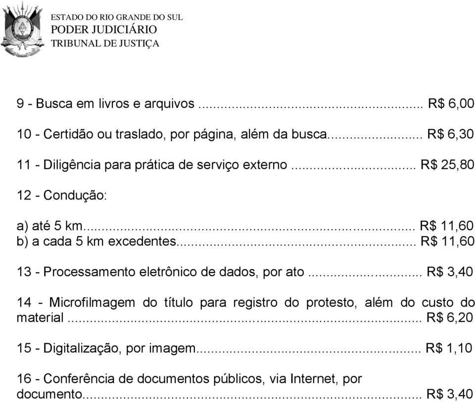 .. R$ 11,60 b) a cada 5 km excedentes... R$ 11,60 13 - Processamento eletrônico de dados, por ato.