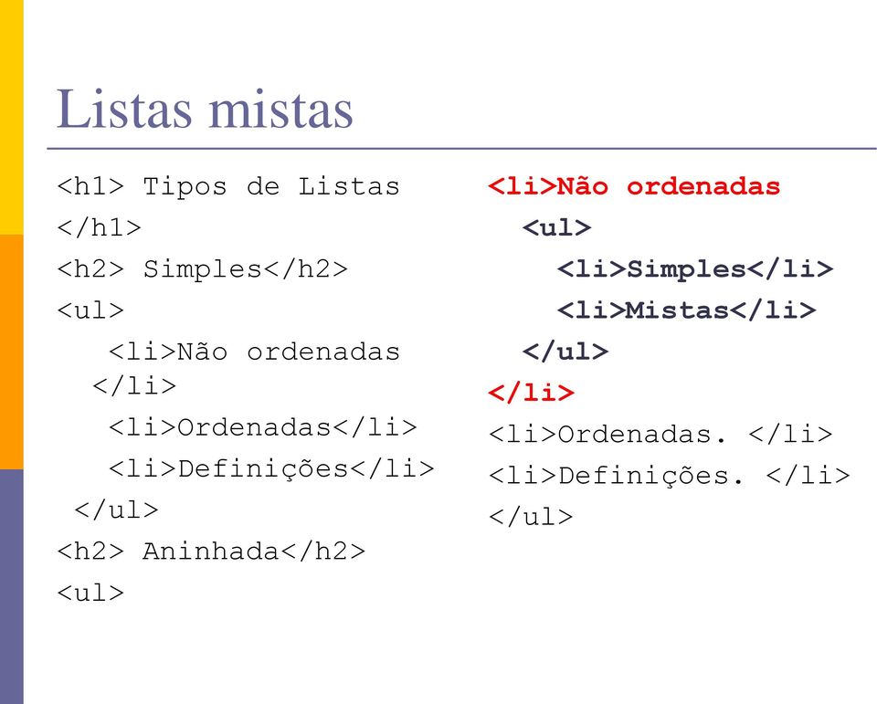 <h2> Aninhada</h2> <ul> <li>não ordenadas <ul> <li>simples</li>