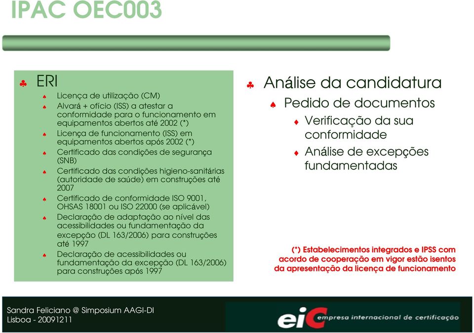 OHSAS 18001 ou ISO 22000 (se aplicável) Declaração de adaptação ao nível das acessibilidades ou fundamentação da excepção (DL 163/2006) para construções até 1997 Declaração de acessibilidades ou
