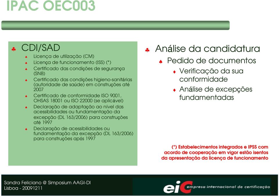 excepção (DL 163/2006) para construções até 1997 Declaração de acessibilidades ou fundamentação da excepção (DL 163/2006) para construções após 1997 Análise da candidatura Pedido de