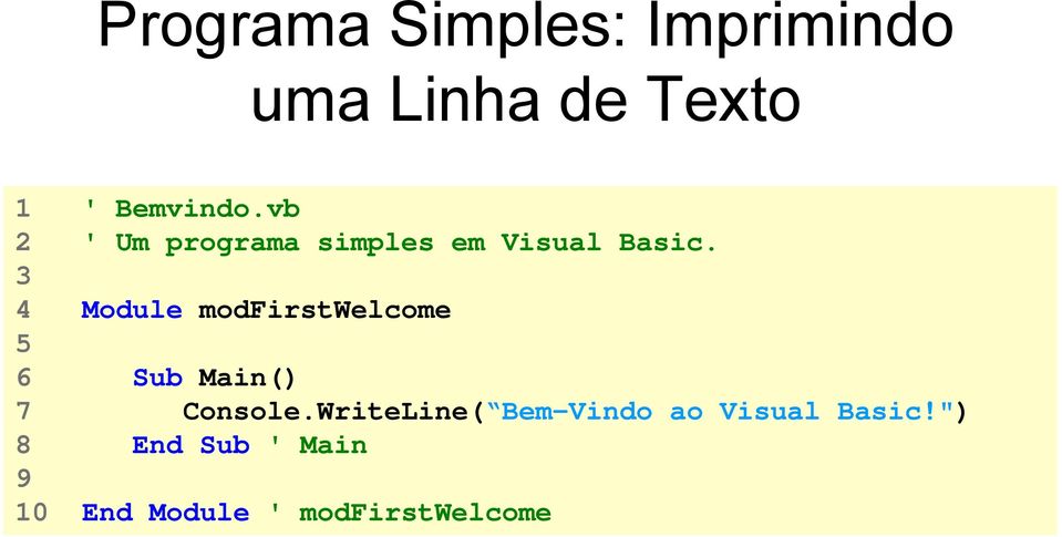 3 4 Module modfirstwelcome 5 6 Sub Main() 7 Console.