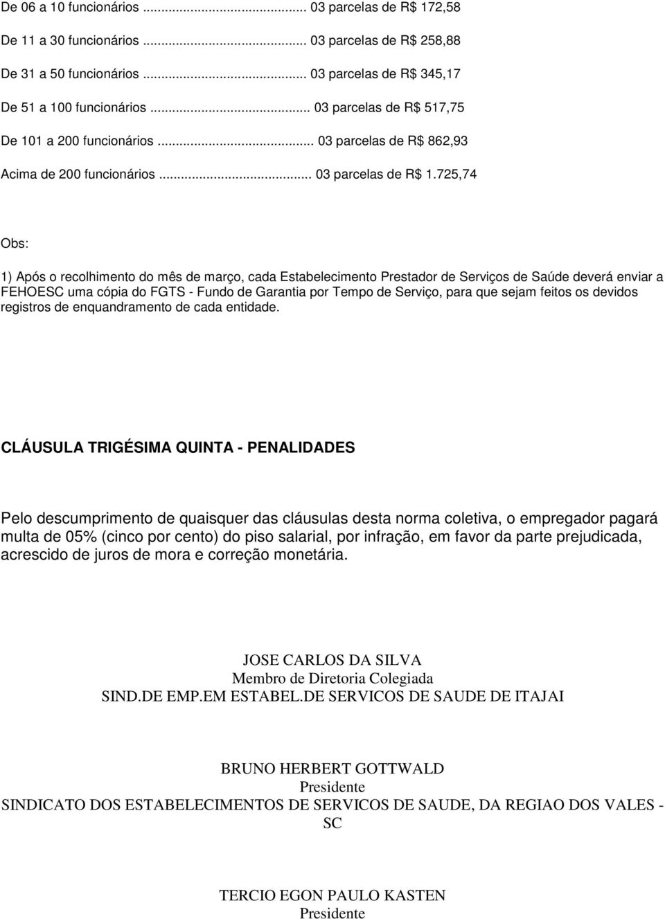 725,74 Obs: 1) Após o recolhimento do mês de março, cada Estabelecimento Prestador de Serviços de Saúde deverá enviar a FEHOESC uma cópia do FGTS - Fundo de Garantia por Tempo de Serviço, para que