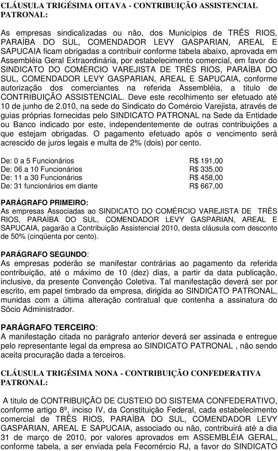 COMENDADOR LEVY GASPARIAN, AREAL E SAPUCAIA, conforme autorização dos comerciantes na referida Assembléia, a titulo de CONTRIBUIÇÃO ASSISTENCIAL.