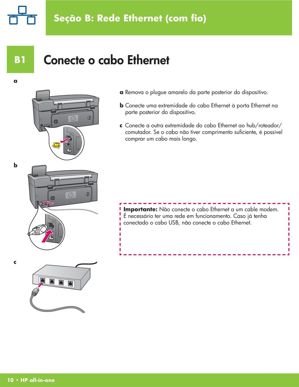 c Conecte a outra extremidade do cabo Ethernet ao hub/roteador/ comutador.