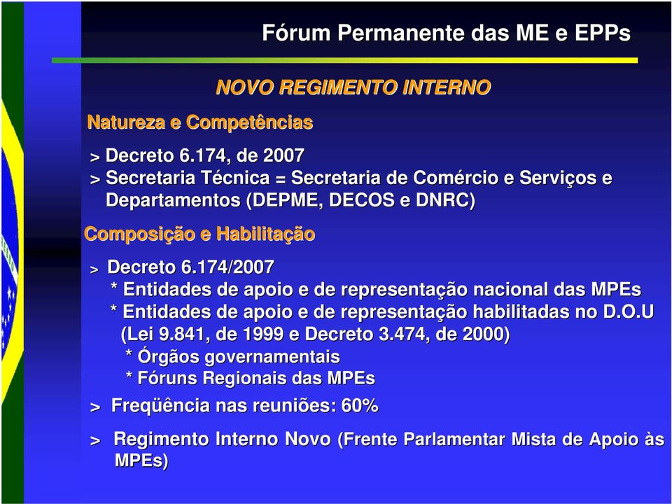 Decreto 6.174/2007 * Entidades de apoio e de representação nacional das MPEs * Entidades de apoio e de representação habilitadas no D.O.