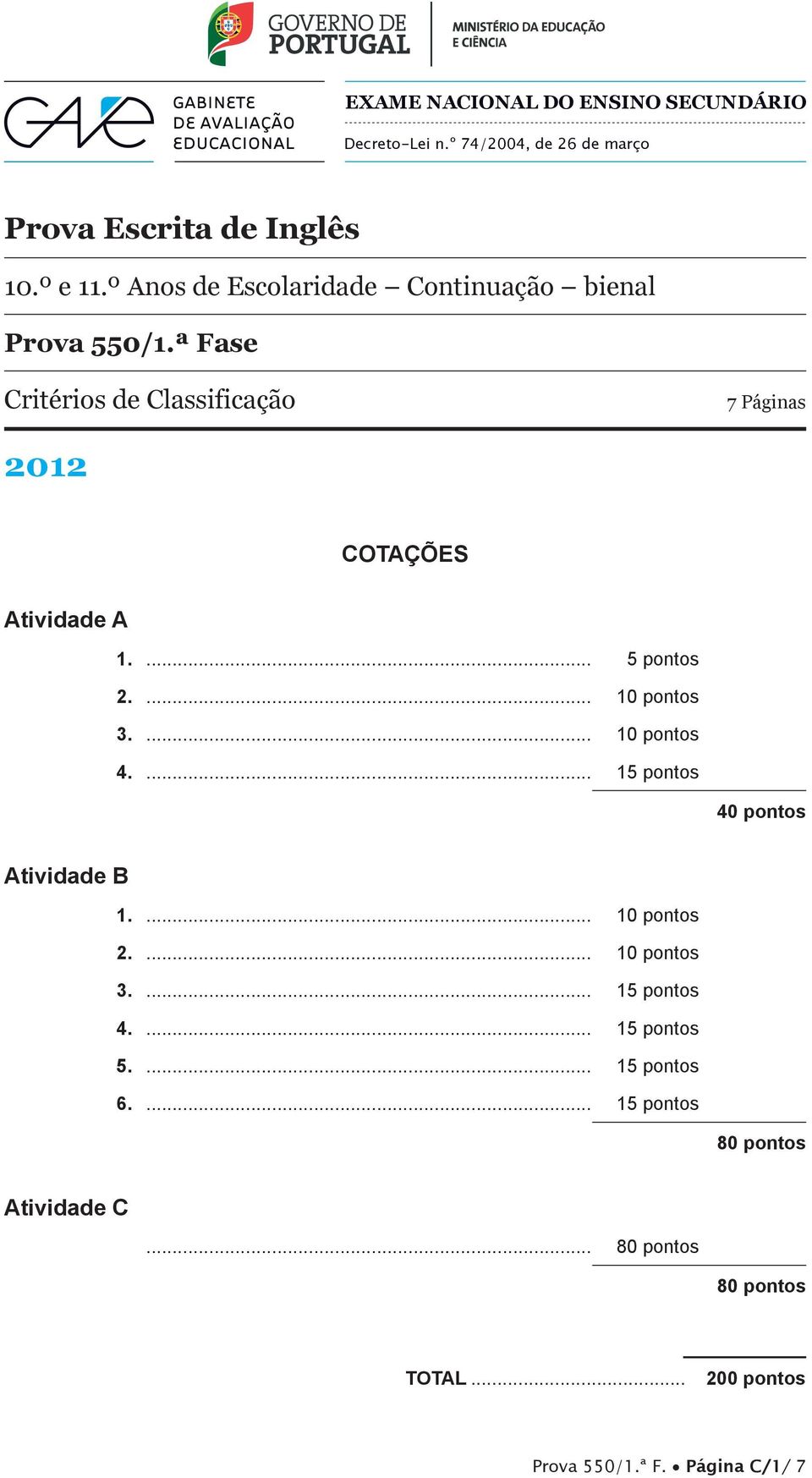 ª Fase Critérios de Classificação 7 Páginas 2012 COTAÇÕES Atividade A 1.... pontos 2.... pontos 3.... pontos.... 1 pontos 0 pontos Atividade B 1.