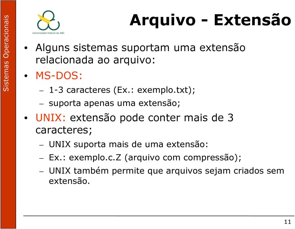 txt); suporta apenas uma extensão; UNIX: extensão pode conter mais de 3 caracteres;