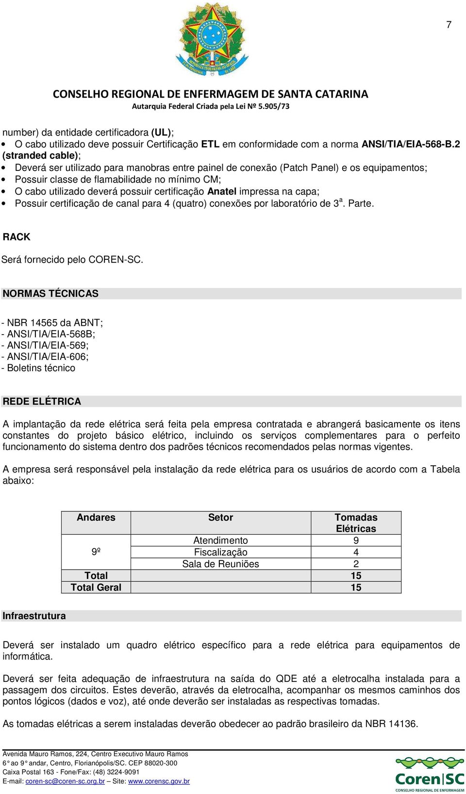 certificação Anatel impressa na capa; Possuir certificação de canal para 4 (quatro) conexões por laboratório de 3 a. Parte. RACK Será fornecido pelo COREN-SC.