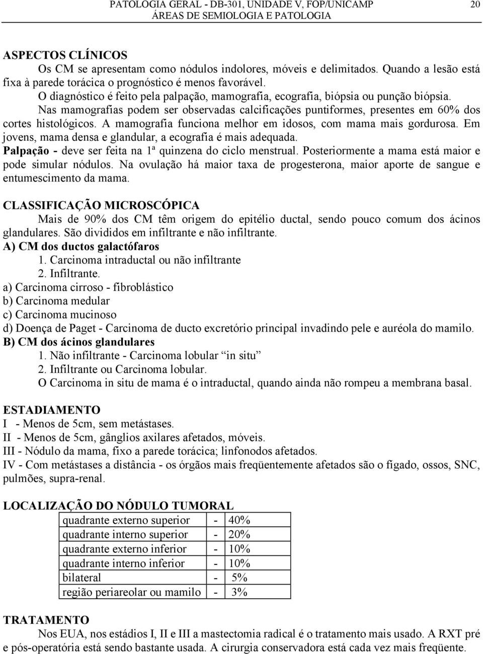 A mamografia funciona melhor em idosos, com mama mais gordurosa. Em jovens, mama densa e glandular, a ecografia é mais adequada. Palpação - deve ser feita na 1ª quinzena do ciclo menstrual.