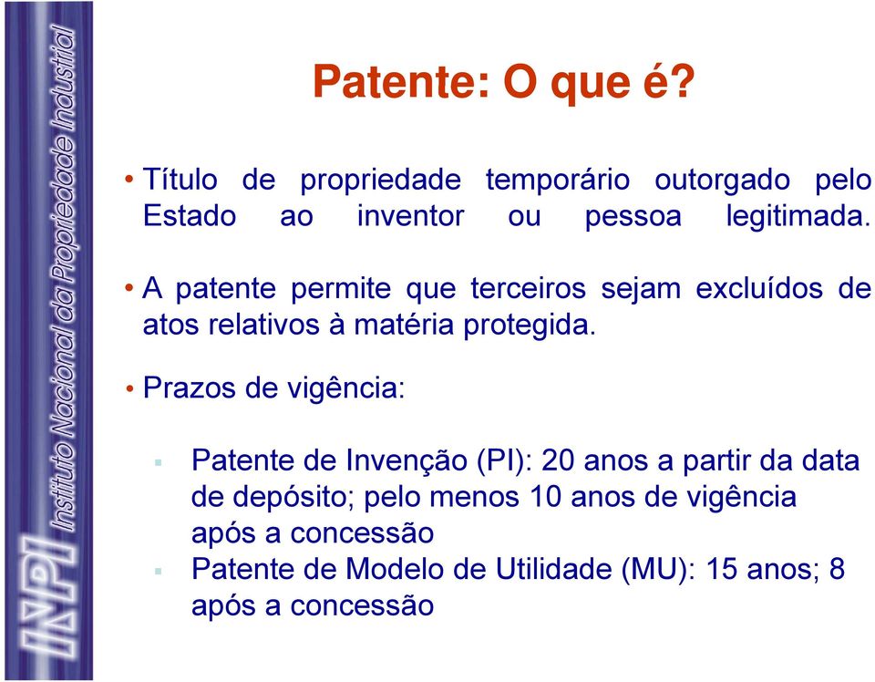 A patente permite que terceiros sejam excluídos de atos relativos à matéria protegida.