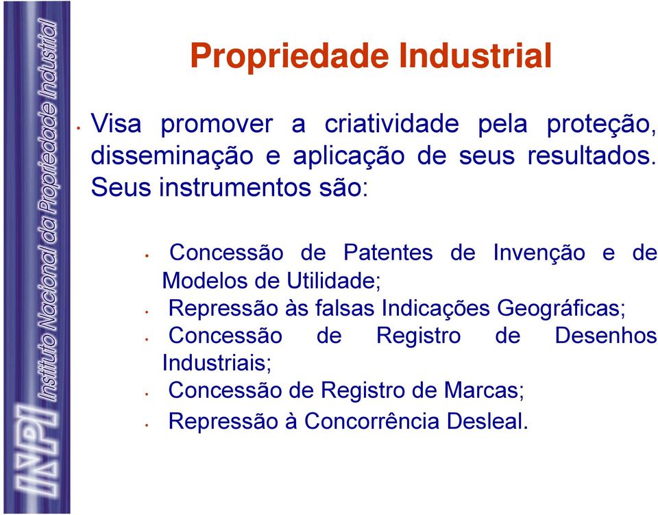 Seus instrumentos são: Concessão de Patentes de Invenção e de Modelos de Utilidade;