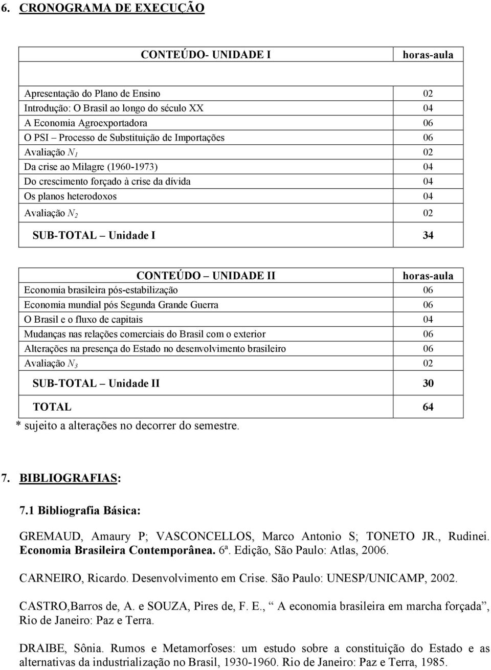 horas-aula Economia brasileira pós-estabilização 06 Economia mundial pós Segunda Grande Guerra 06 O Brasil e o fluxo de capitais 04 Mudanças nas relações comerciais do Brasil com o exterior 06