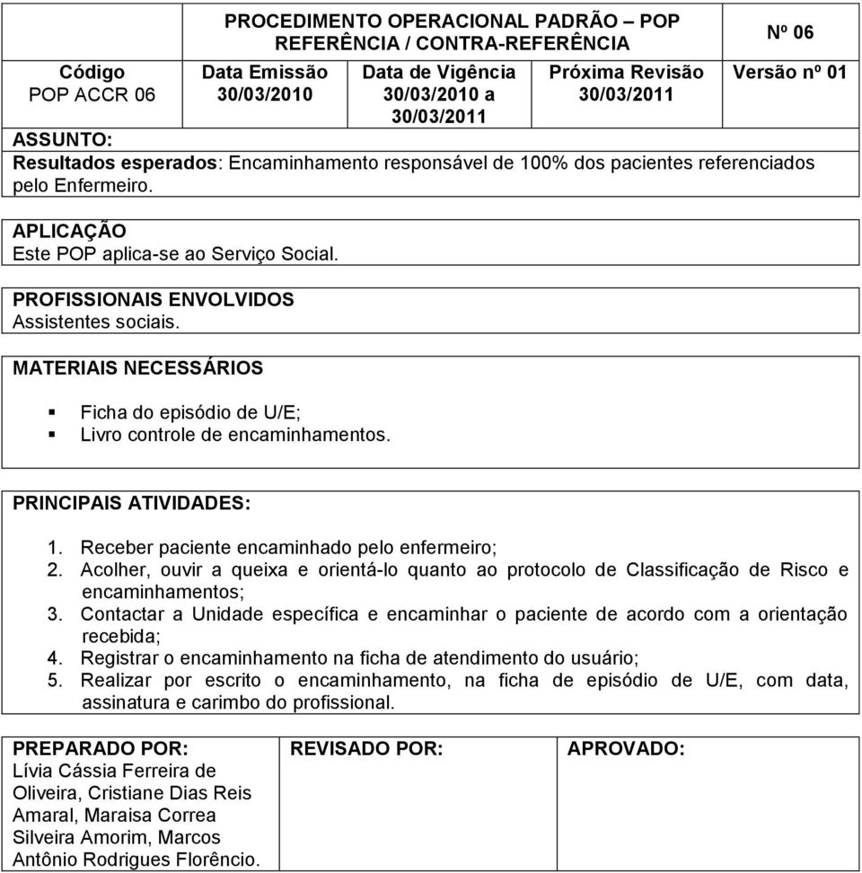 Acolher, ouvir a queixa e orientá-lo quanto ao protocolo de Classificação de Risco e encaminhamentos; 3. Contactar a Unidade específica e encaminhar o paciente de acordo com a orientação recebida; 4.