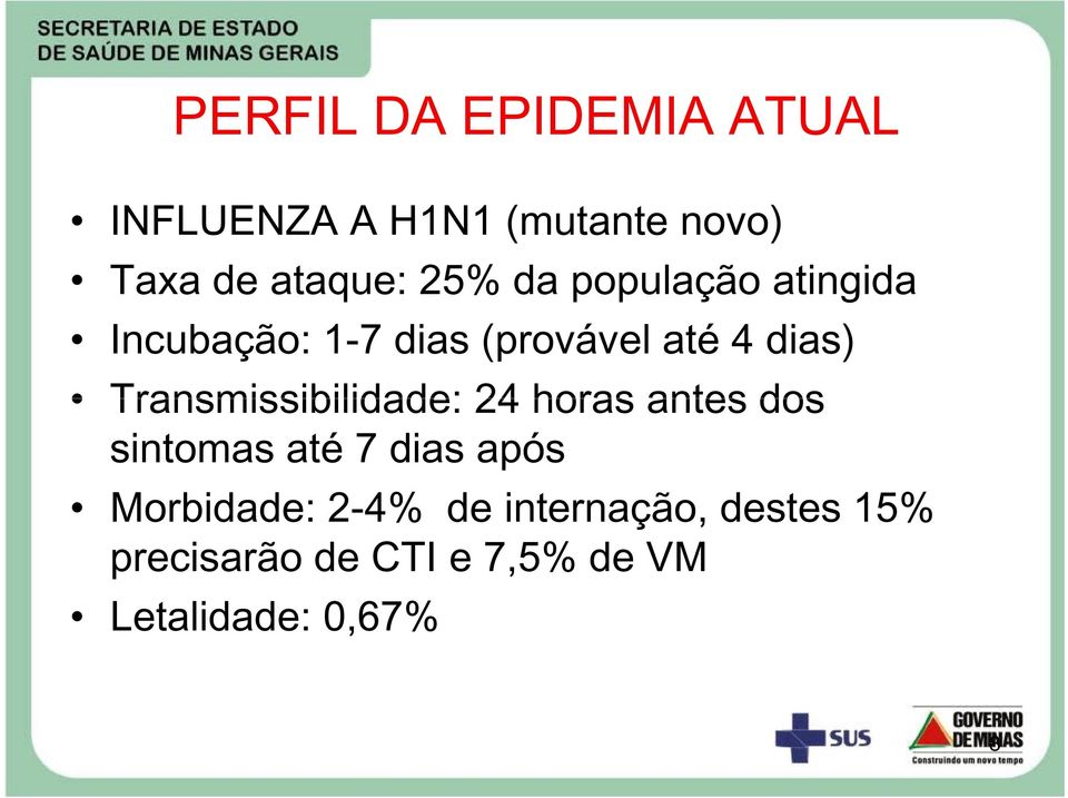 Transmissibilidade: 24 horas antes dos sintomas até 7 dias após Morbidade: