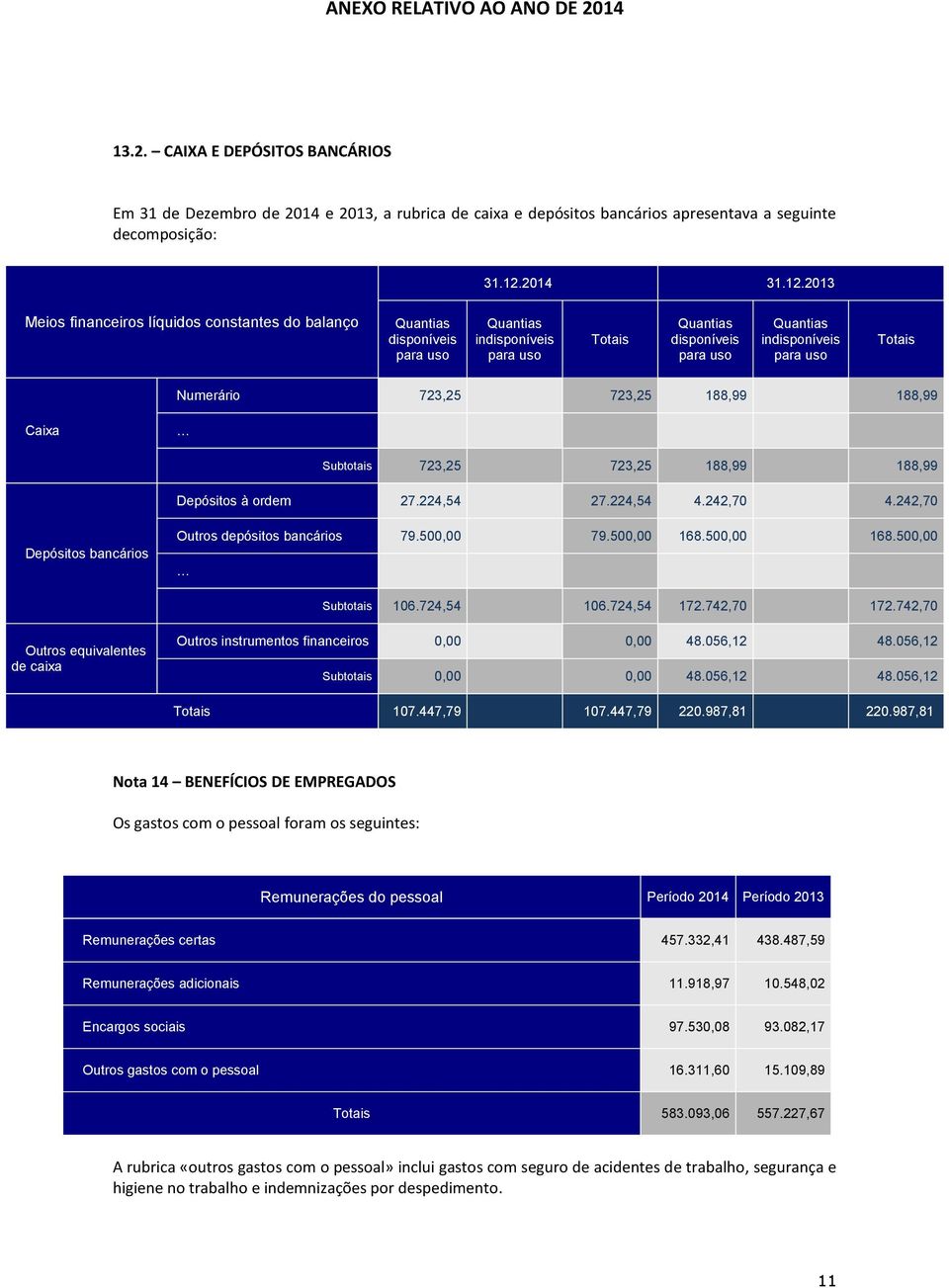 2013 Meios financeiros líquidos constantes do balanço disponíveis indisponíveis disponíveis indisponíveis Numerário 723,25 723,25 188,99 188,99 Caixa Subtotais 723,25 723,25 188,99 188,99 Depósitos à